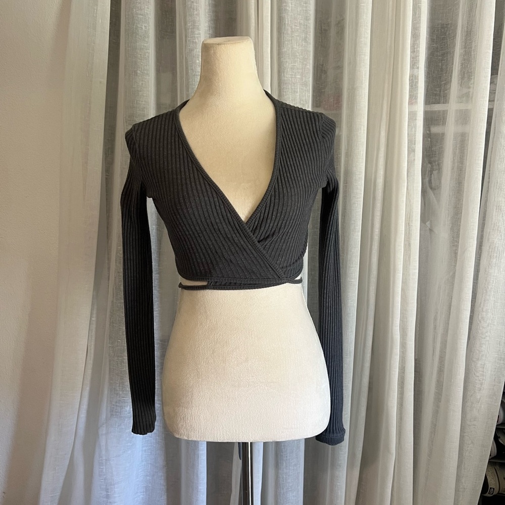 Joah Brown Charcoal Gray Ribbed Wrap Top
